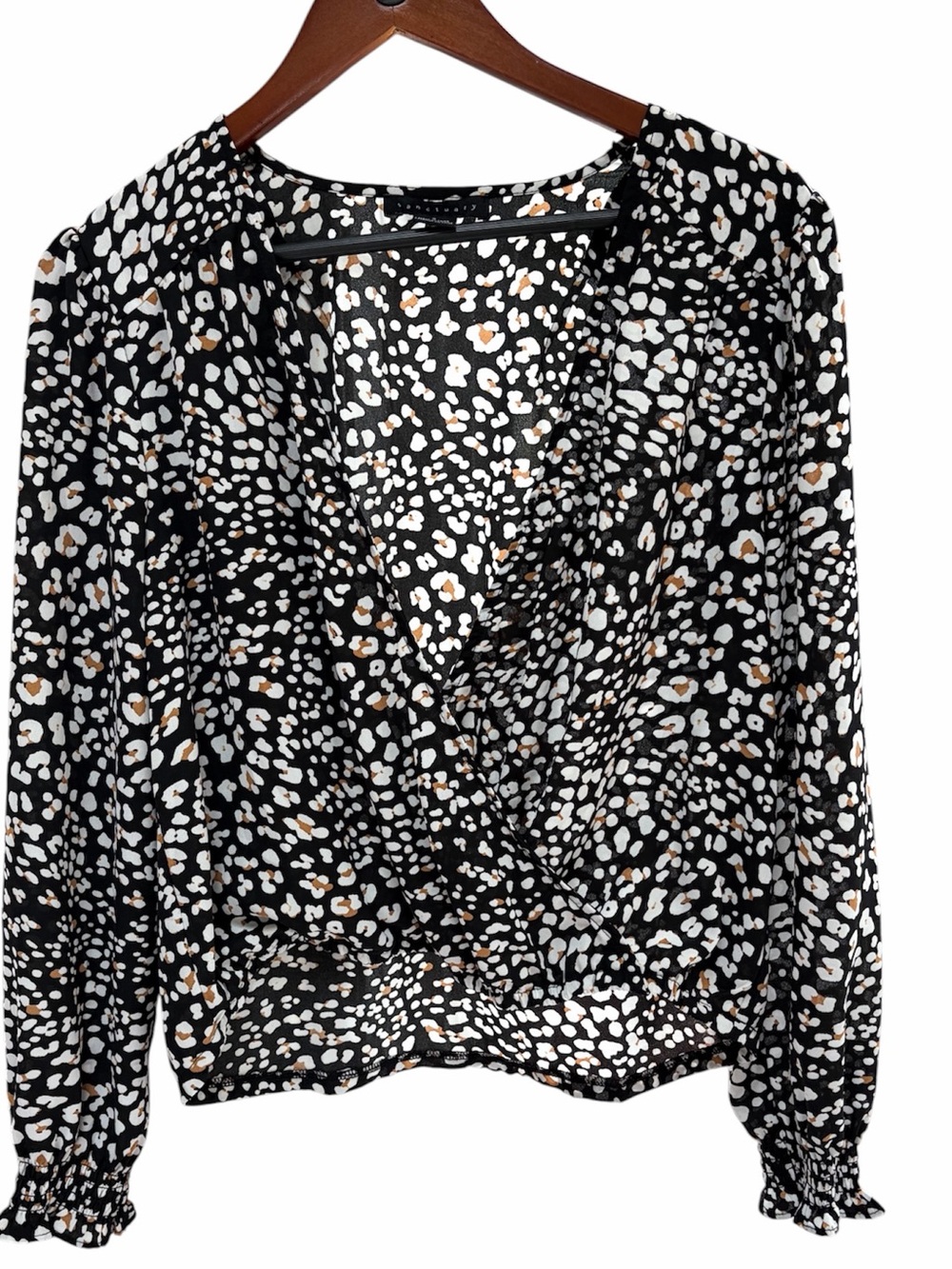 Sanctuary Leopard Print Wrap Blouse Smocked Sleeve Top S